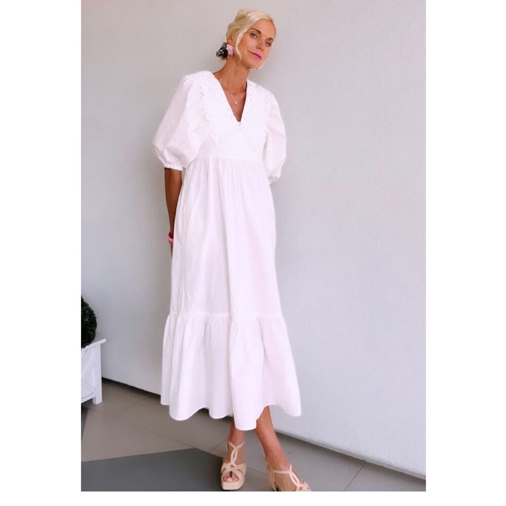 Hunter Bell Mercer Dress White Cotton Lace Collar Puff Sleeve Midi Maxi Dress L - Picture 12 of 13
